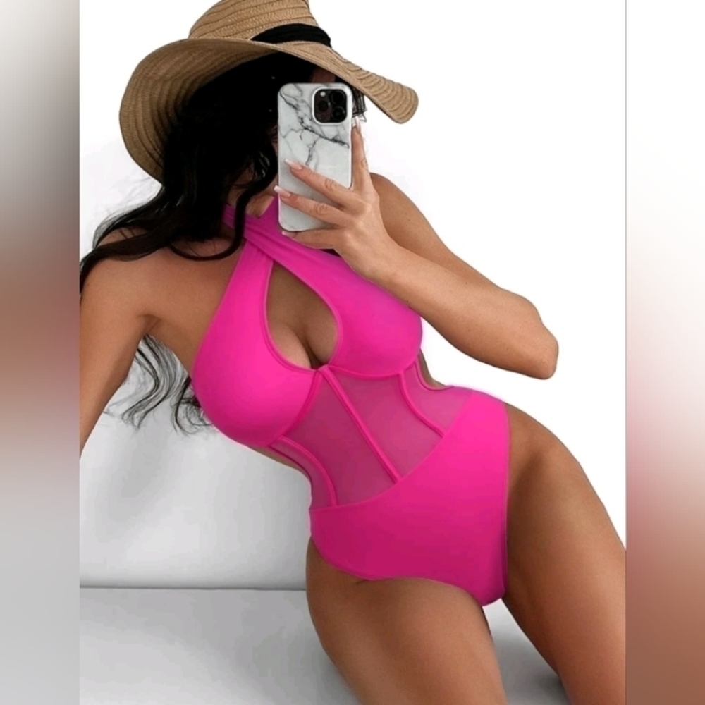 Pink Contrast Mesh Cut Out Halter One Piece Swimsuit